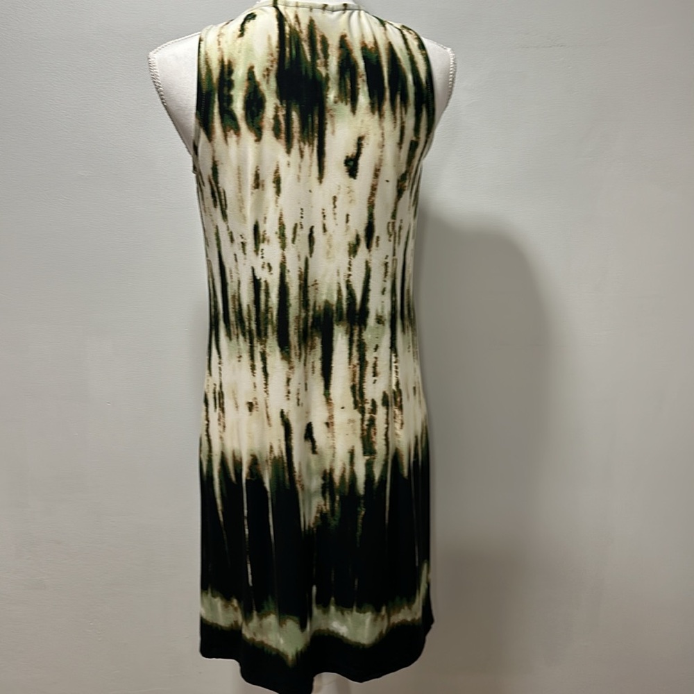 Womens Tie Dye Sleeveless Shift Dress Embellished Neckline Olive Green Size 6 - Picture 4 of 7
